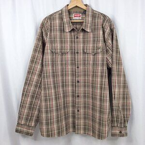 Wrangler Plaid Shirt Mens Size 2XL XXL Beige Burgundy Long Sleeve Button Down